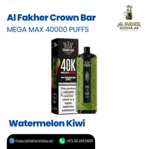 Al Fakher Crown Bar Mega Max 40000 Puffs Watermelon Kiwi in UAE The Al Fakher Crown Bar Mega Max 40000 Puffs Watermelon Kiwi is a ready-to-use disposable vape. It blends juicy watermelon with tangy kiwi. You do not need pods, refills or a separate device. Just inhale and vape. Adults in the UAE can order it from Al Fakher shisha with fast local delivery. This page covers the specs, taste, pros, cons and delivery details. Read on to decide if this flavor fits you. What are the specifications of this vape? Feature Detail Brand Al Fakher Model Crown Bar Mega Max Flavor Watermelon Kiwi Puff counts Up to 40,000 puffs Device type Disposable vape Battery Built-in rechargeable battery Charging USB-C E-liquid capacity Extra-large internal reservoir Activation Draw-activated Coil Integrated mesh coil Nicotine strength Medium to high salt nicotine Design Ergonomic box-style with comfortable mouthpiece Airflow Fixed, tuned for balanced vapor and taste What does Watermelon Kiwi taste like? It tastes sweet and fruity, with a tangy edge. The watermelon brings a light, juicy sweetness. The kiwi adds a sharper, slightly tart note. Start: Cool, juicy watermelon. Middle: Kiwi cuts in with a little tang. Finish: A smooth, fruity aftertaste. The mesh coil is built to boost flavor. The fixed airflow keeps vapor and taste in balance. Why do people choose the Crown Bar Mega Max? Large capacity. The extra-large reservoir supports up to 40,000 puffs. Long-term value. One device lasts a long time, so you swap devices less often. Shisha-style flavors. Fruit-forward blends suit fans of fruity shisha. Easy charging. A common USB-C cable is all you need. Steady taste. The mesh coil is designed for rich, consistent flavor. Who is this flavor for? It suits adult nicotine users who like sweet, fruity profiles. Adults 18 and over who already use nicotine. Users who prefer fruit to tobacco or mint. Buyers who want a no-refill, draw-activated device. People who like a roomy, box-style grip. If you are new to nicotine, check the strength in the specs first. How do you use this disposable vape? There are no buttons or settings. Follow these steps: Take the device out of its packaging. Hold the body in a relaxed grip. Place your lips on the mouthpiece. Inhale slowly to activate it. Exhale and pause between puffs. Charge it by USB-C when the battery runs low. Curious how these devices work inside? See this overview of the electronic cigarette. What are the pros and cons of Watermelon Kiwi? Pros Cons Up to 40,000 puffs per device Strength may feel high for some users Rechargeable by USB-C Airflow cannot be adjusted Draw-activated, no buttons Not refillable Mesh coil built for flavor Larger than slim devices Comfortable mouthpiece Contains addictive nicotine Which other flavors does the Crown Bar Mega Max come in? The Crown Bar Mega Max 40000 puffs range has 19 flavors. Watermelon Kiwi is one of them. These are the other 18: Fruit: Cool Mango, Mango Pineapple, Peach Ice, Grape, Two Apple, Strawberry Punch, Cherry Fiesta Berry: Mixed Berry, Berry Ice, Blackcurrant Ice, Blueberry Gum Mint: Mint, Spearmint, Lemon Mint, Grape Mint, Gum Mint Other blends: Lush Ice, Magic Love You can see every option on the Crown Bar Mega Max 40000 puffs flavors page. How does delivery and returns work in the UAE? Dubai, Ajman and Sharjah: Express delivery in 1-2 hours. Abu Dhabi: Home delivery in 12-24 hours. Free delivery on orders of AED 300 and above. 7-day free returns and an easy exchange policy. Read the full terms on our delivery and returns page. You must be 18 or older to order. What do buyers often ask? How many puffs does it give? Up to 40,000 puffs. Real numbers depend on how you use it. What nicotine strength does it have? Medium to high salt nicotine. This is common in disposable devices. It may feel strong if you are new to nicotine. Do I need pods or a separate device? No. It is a complete disposable vape. It works on its own. Inhale to activate it. Is the airflow adjustable? No, it is fixed. The setting is tuned to balance vapor and taste. Can I return it if I do not like the flavor? Yes, within 7 days. Returns are free. You can also ask for an exchange. Why order the Al Fakher Crown Bar Mega Max 40000 Puffs Watermelon Kiwi from alfakhershisha? The Al Fakher Crown Bar Mega Max 40000 Puffs Watermelon Kiwi gives adult users in the UAE a long-lasting, fruity option. It charges by USB-C and starts with a simple inhale. At alfakhershisha, we deliver to Dubai, Ajman and Sharjah in 1-2 hours. Abu Dhabi orders arrive in 12-24 hours. Orders of AED 300 and above ship free. Take your time to compare. Our easy exchange policy is there if you change your mind. This product contains nicotine. Nicotine is an addictive substance. Not suitable for non-smokers, pregnant women, or persons under 18.